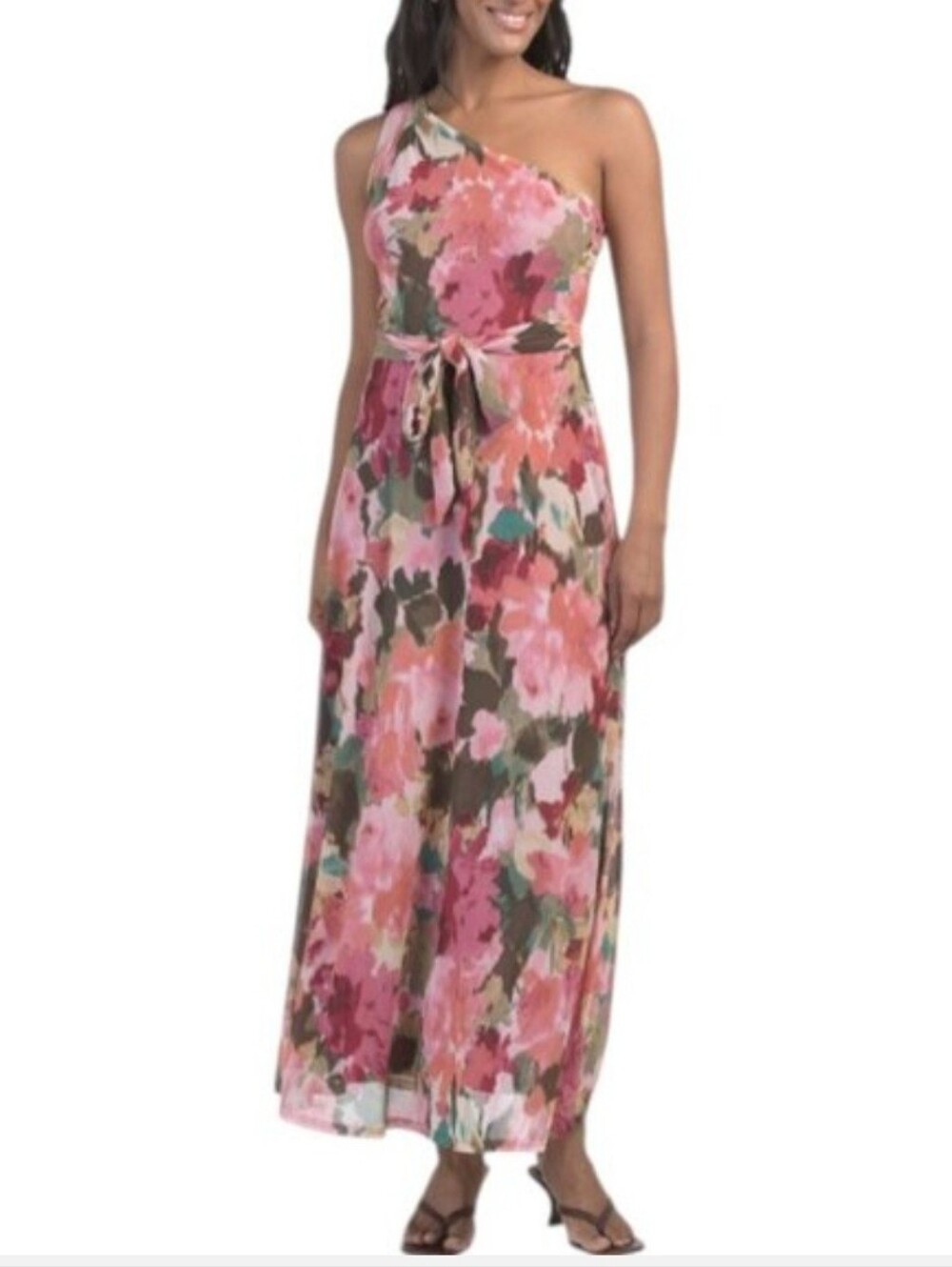Nicole Miller One-Shoulder Floral Maxi Dress in Pink and Green